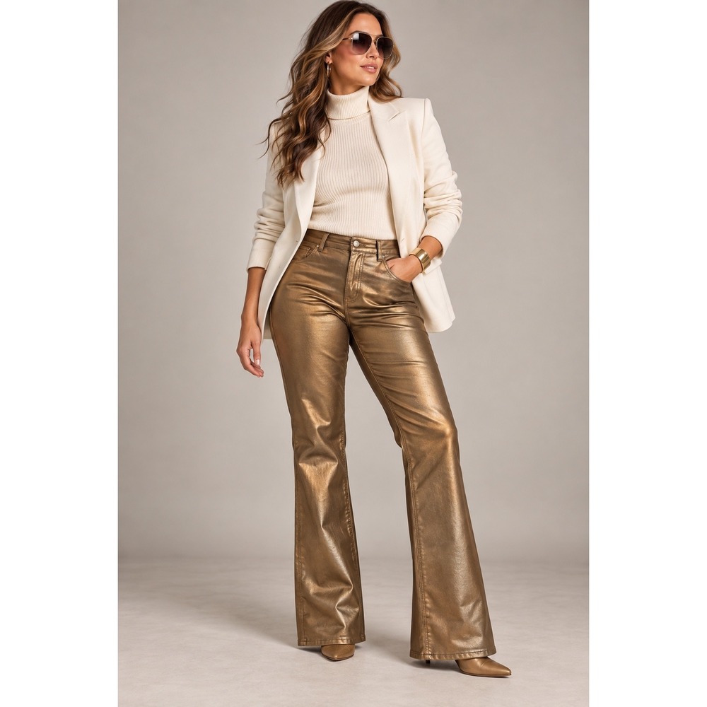 The Noli Shop Gold Metallic Coated Jeans High Rise Flare 32 Modern Glam Mobwife